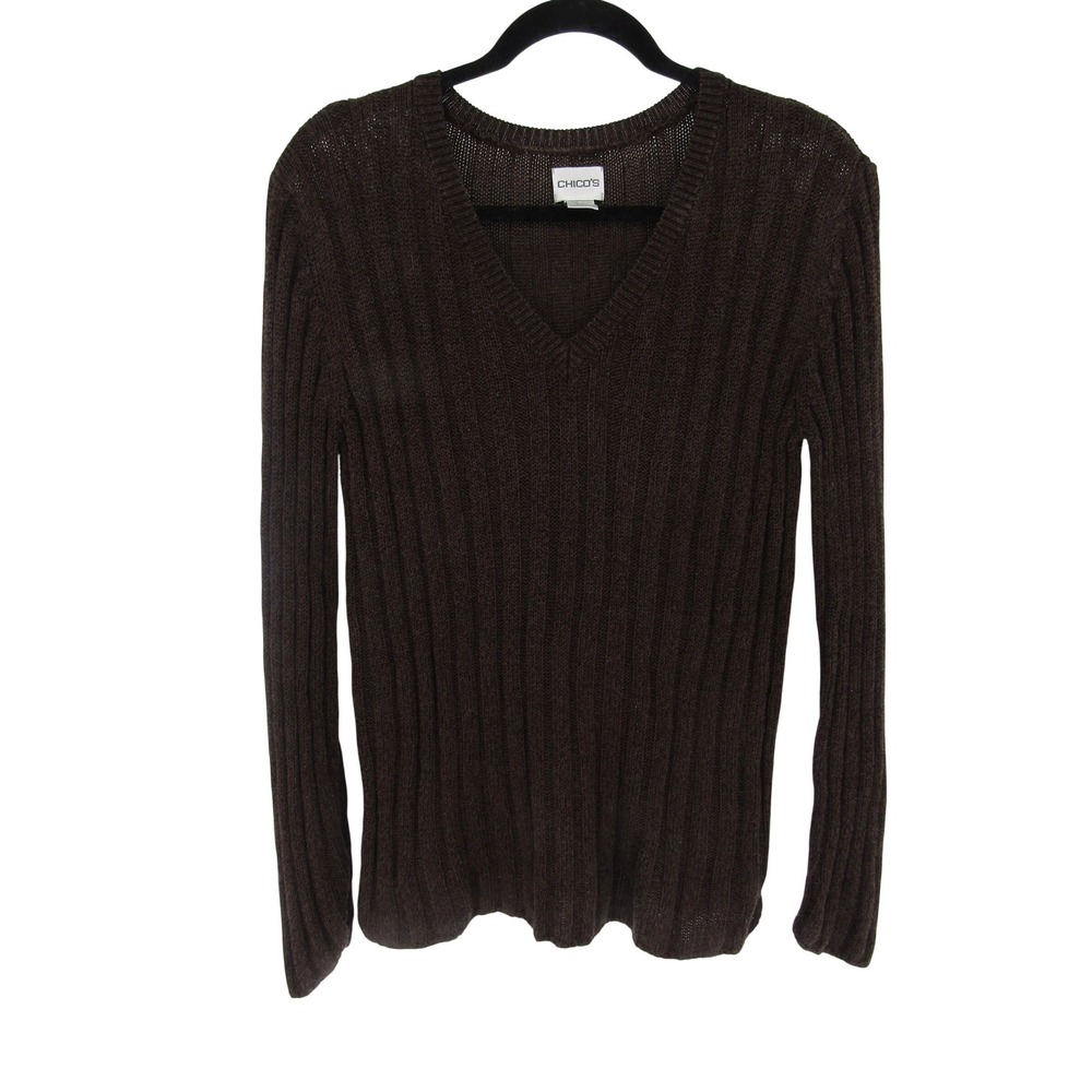 Chico's Ribbed V-Neck Sweater Women Size 2 Dark Brown Long Sleeve Cotton Rayon